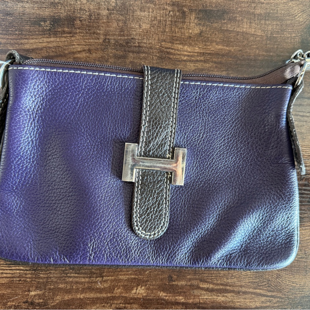 Purple Leather Wristlet with Silver T Detail, Italian Florence hand leather